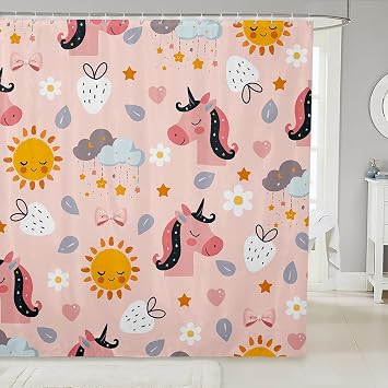 Manfei Kids Unicorn Shower Curtains Flowers Leaves Carrots Waterproof Bath Curtains with 12 Hooks Suits for Bathtub, Cartoon Sun Clouds Bathroom Curtains for Boys Girls Room Decor, 72" W x 78" L