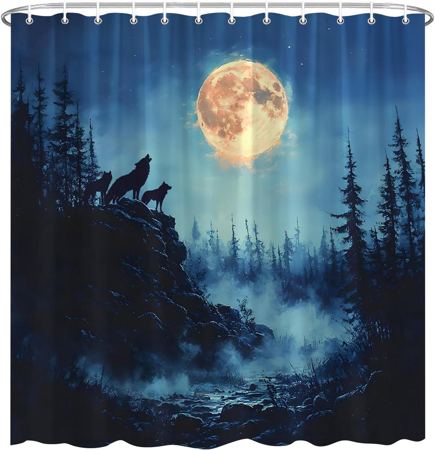 Wolf Shower Curtain Misty Forest Wild Animal Howling Wolves Night Full Moon Tree Silhouette Mystery Safari Hunting Theme Bathroom Home Decor Bath Decor Polyester Fabric Curtains 90X70 Inch