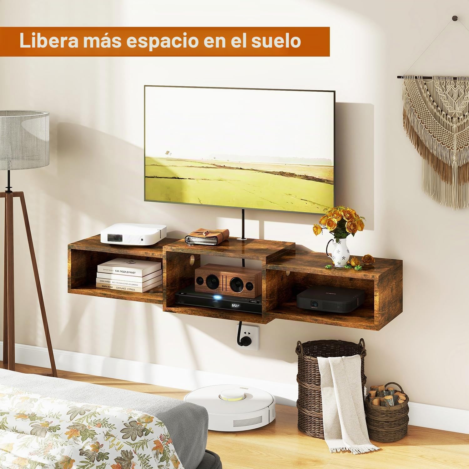 IBUYKE Flotante Mueble de TV Montado en La Pared, Mesa Televisión Multimedia de Madera para, Mueble Flotante para TV Debajo del Televisor para Salón, Dormitorio u Oficina, Marrón WST013H