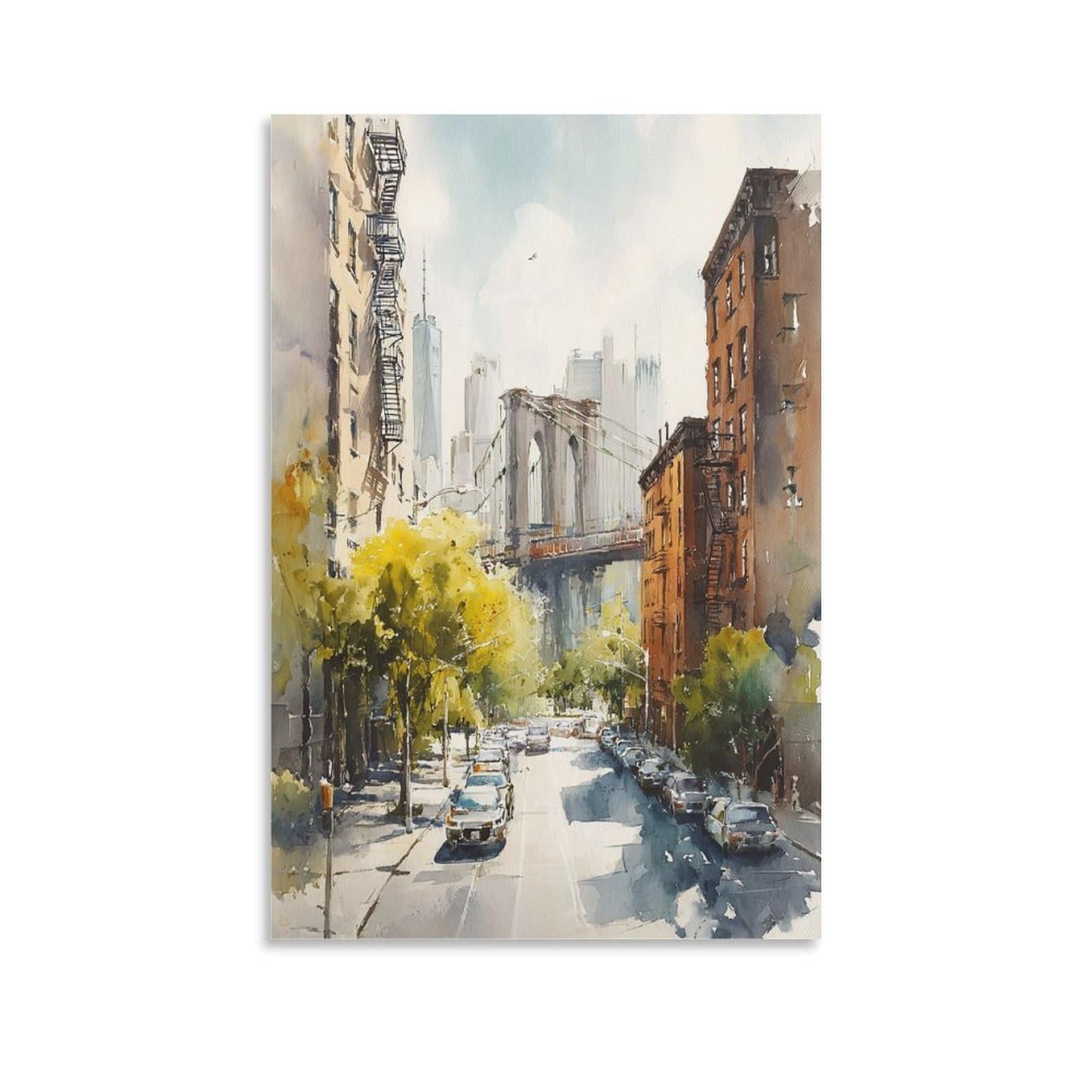 LCYNNH Brooklyn Bridge Watercolor Painting New York Travel Art Print 24x36inch(60x90cm) Print Home Bedroom Office Living Room Decor Canvas