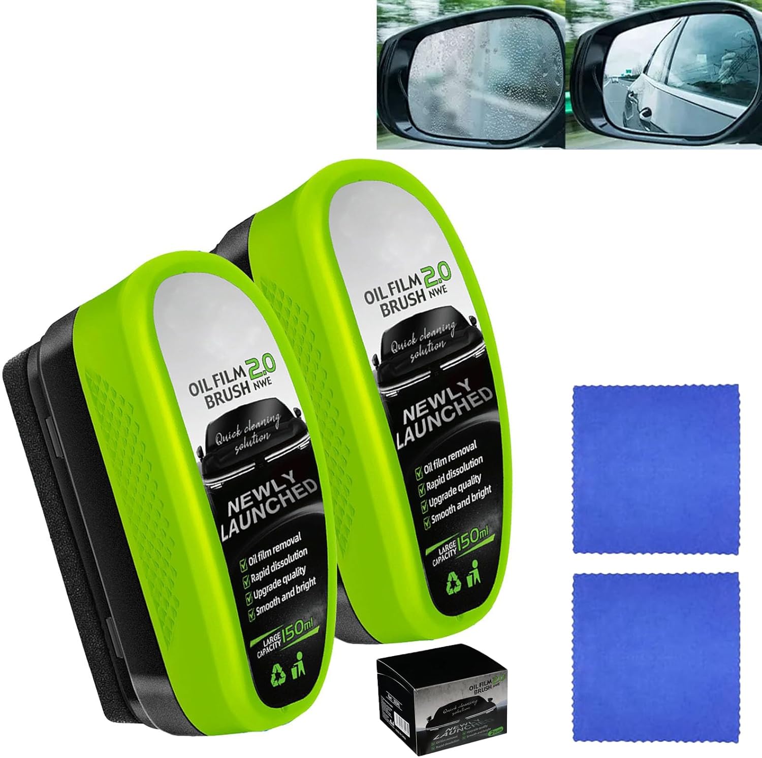 Upgrade Automotive Oil Film Cleaning Brush,New 2.0 Clearvision Glass Cleaner,Glass Coating Board for Windshield,Prevents Rain and Fog Clearvision Car windshield cleaner tool(2PCS+Wipe)