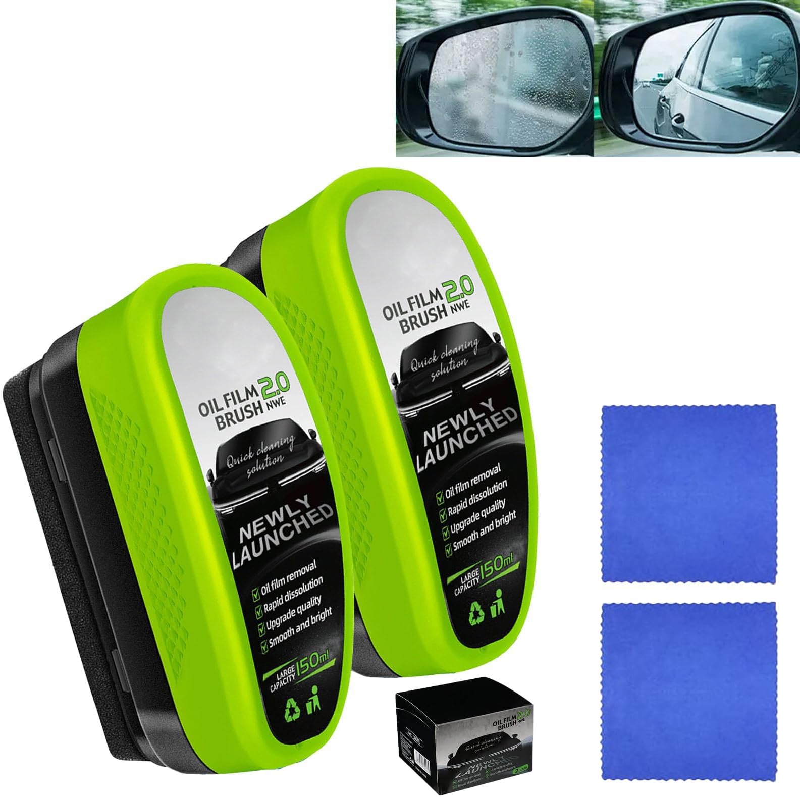 Oil-Free Car Glass Brushes,New 2.0 Clearvision Glass Cleaner,Glass Coating Board for Windshield,Prevents Rain and Fog Clearvision Car windshield cleaner tool(2PCS+Wipe)