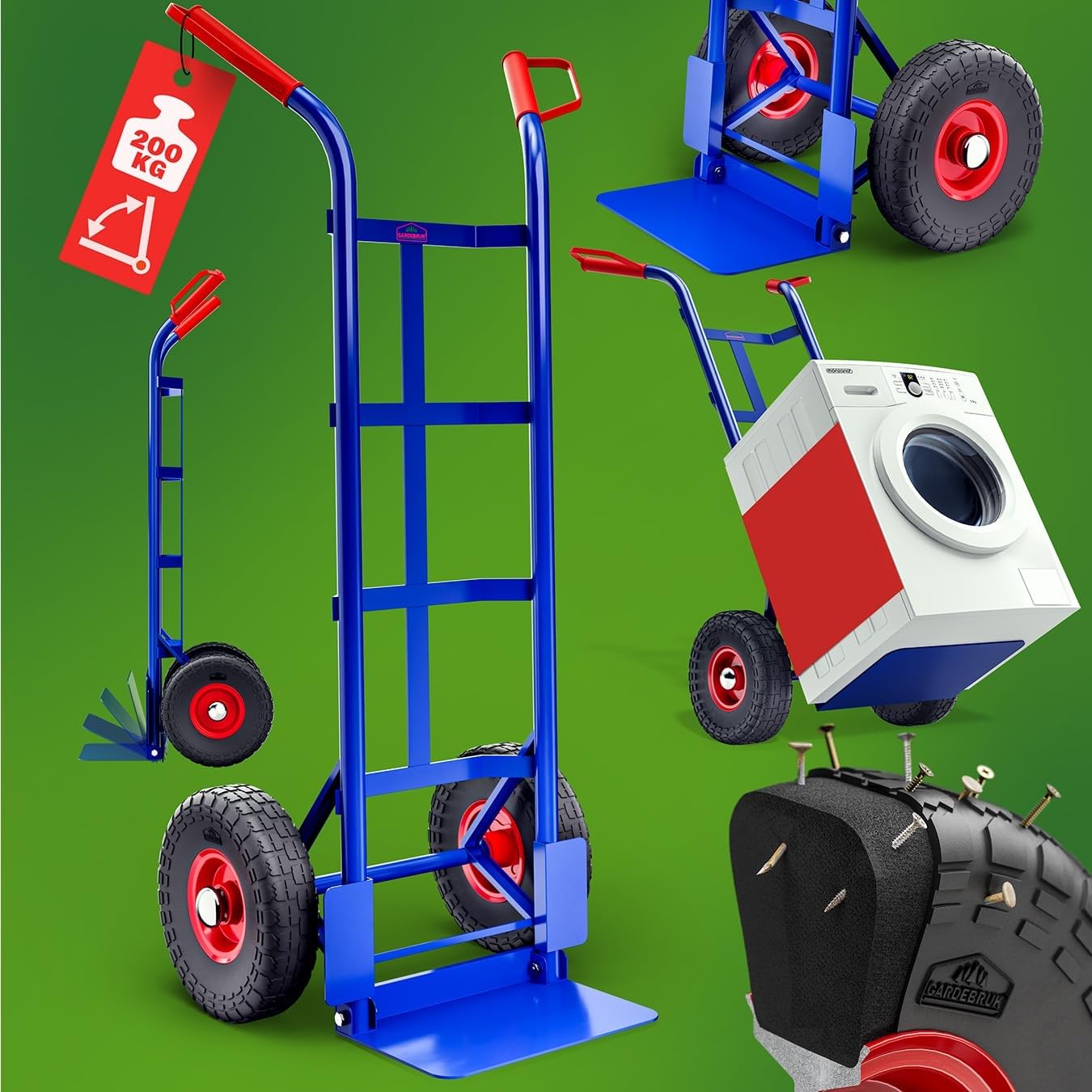 GARDEBRUK® Carrello Portapacchi Pneumatici in Gomma Piena PU Pieghevole 200 kg in Acciaio Carrellino da Trasporto