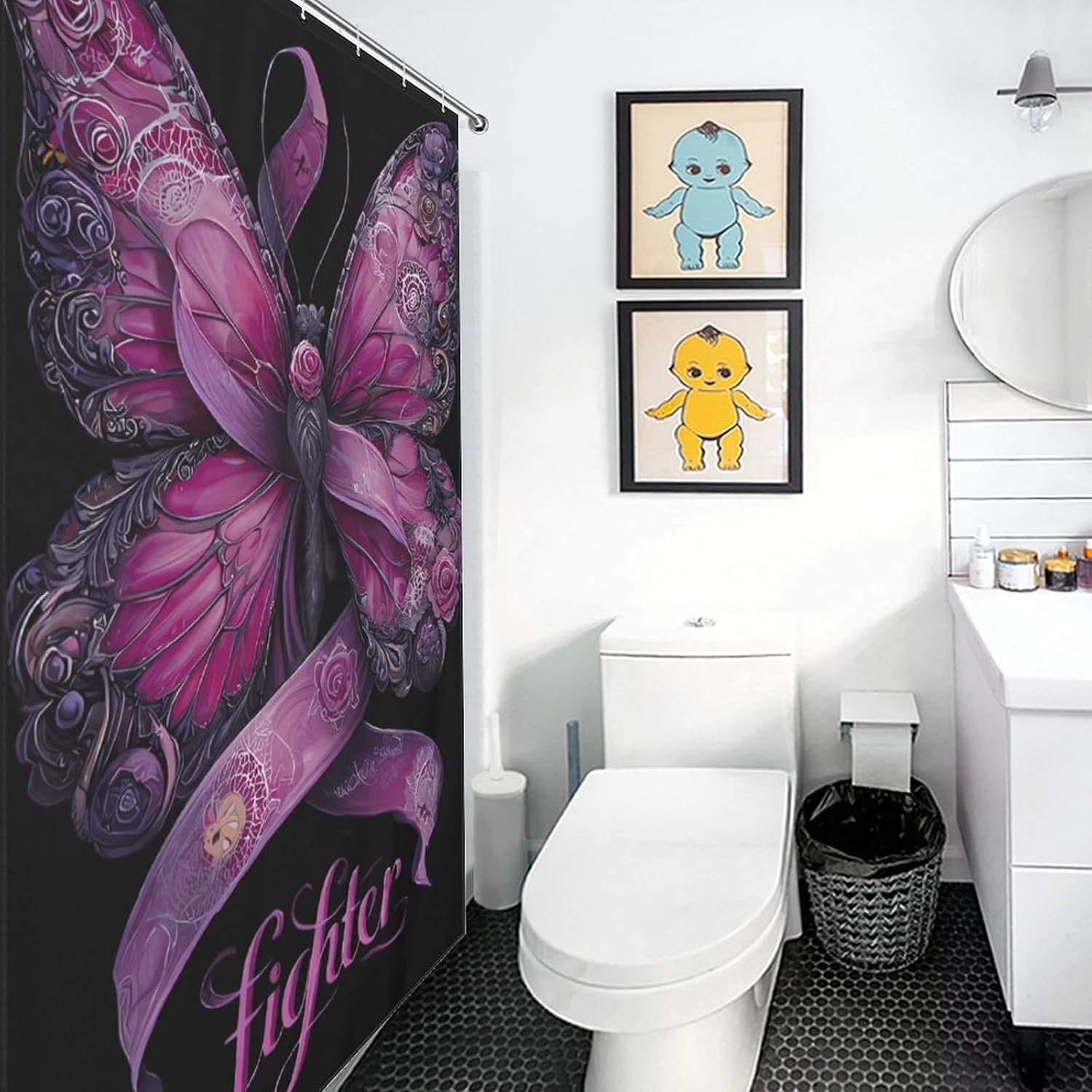 Breast Cancer Awareness Fighter Butterflys Fabric Shower Curtain Liner Bath Bathroom