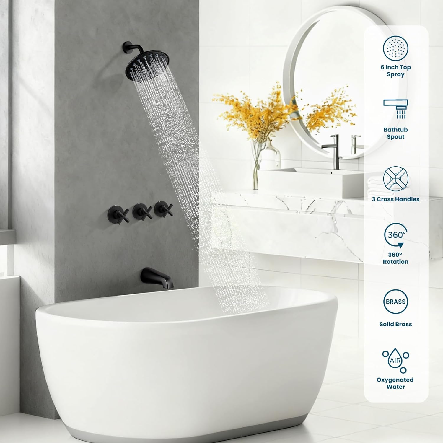 gotonovo 3 Handle Tub Shower Faucet Set, Tub and Shower Faucet Combo,Bathtub Faucet Set with 6 Settings Shower Head and Waterfall Tub Spout, Tub and Shower Trim Kit, Tub Shower Fixture Matte Black