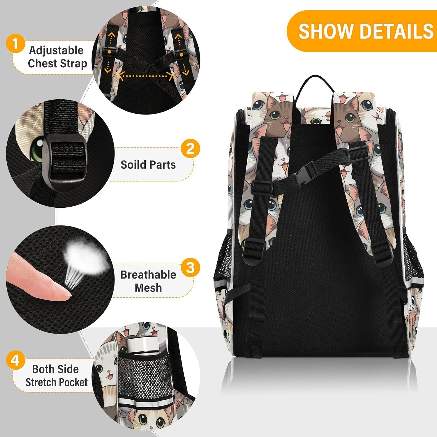 Cute Cat Children’s School Backpack Lightweight 15L Design Bookbag, Wide Opening for Easy Access Reflective Safety Strips Adjustable Chest Strap for School & Trips