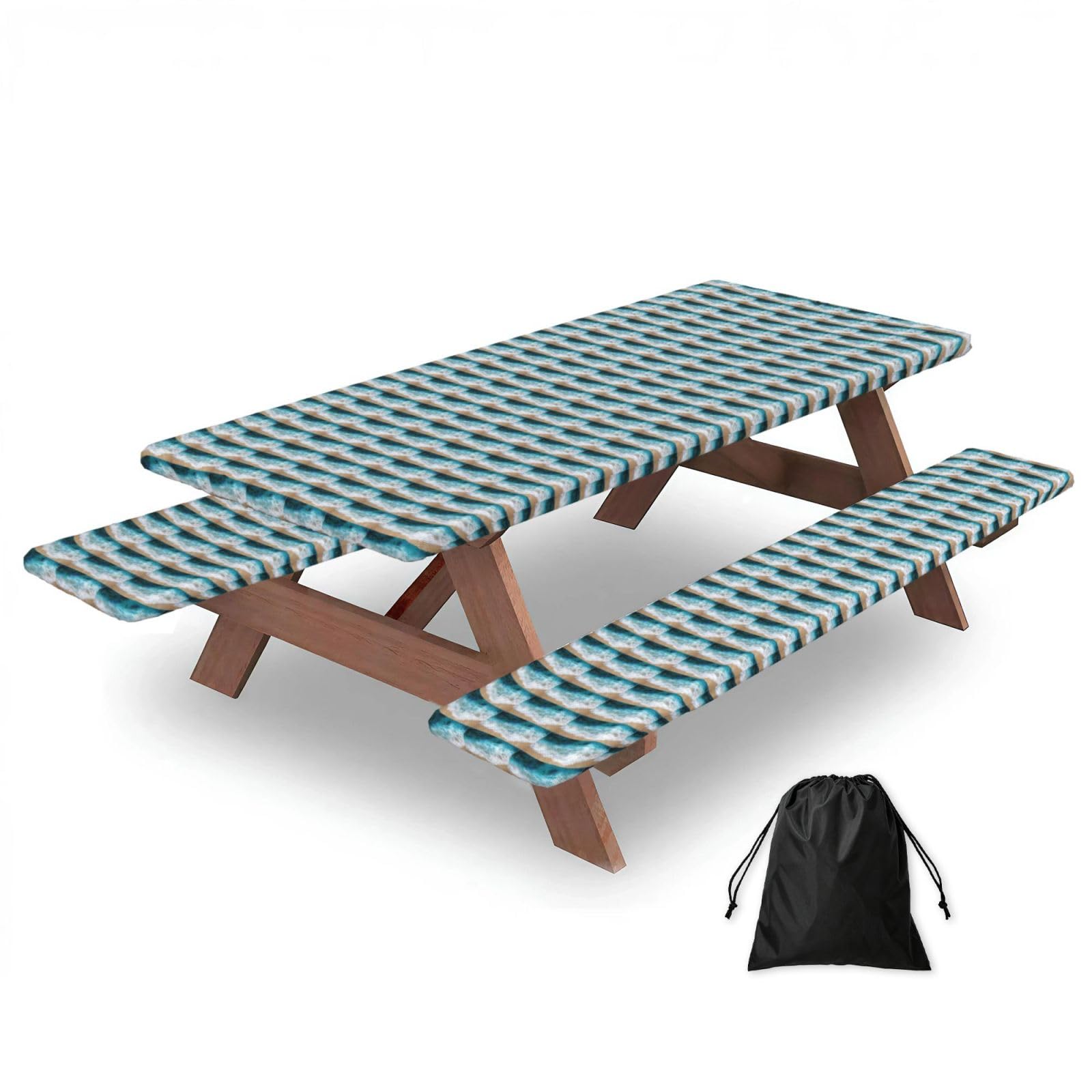 PPHGUT Beautiful Ocean Waves Print Picnic Table Bench Cover Set Outdoor Garden Bbq Protector For Family Camping