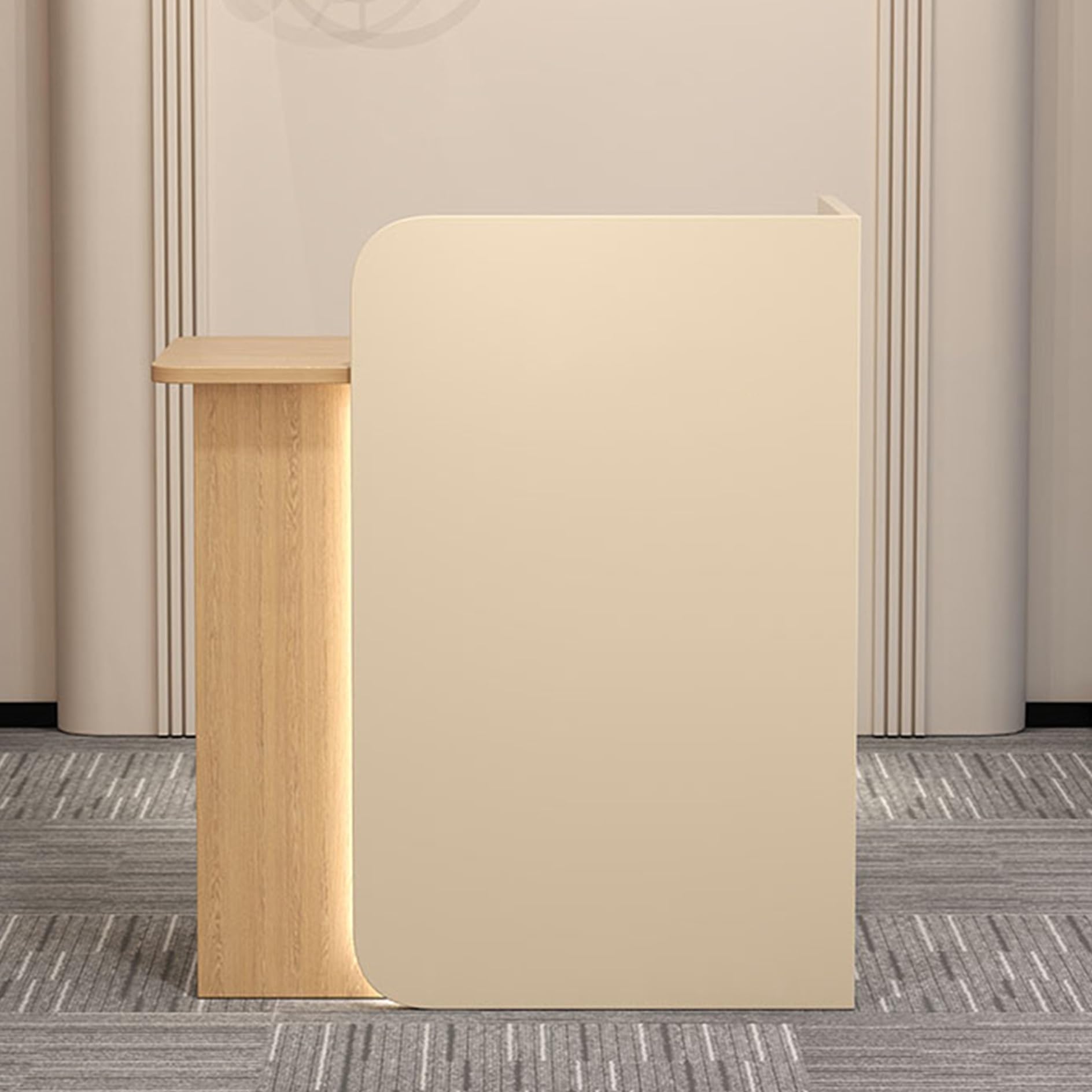 Moderna scrivania a LED per la reception, bancone e tavolo segretario con design elegante, sistema di gestione dei cavi e armadietto di archiviazione per uffici e negozi