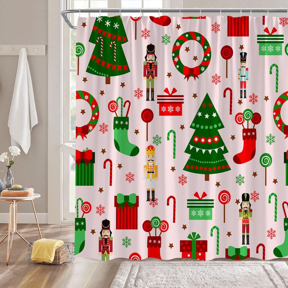 GCTNBJL Christmas Shower Curtain Pink Gray Snowflake Vintage Rustic Vintage Winter Holiday Seasonal Festival Bathroom Decor Fabric Curtain with Hooks
