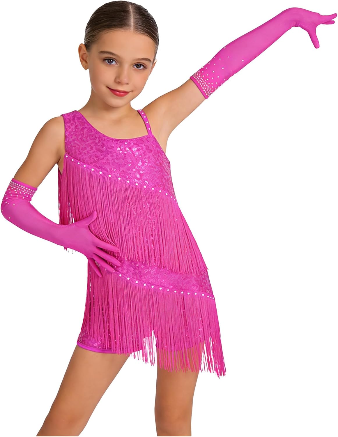 FEESHOW Girls Sequin Tassels Latin Dance Dress with Gloves Sleeveless Backless Rhinestone Cha Cha Ballroom Dance Dress
