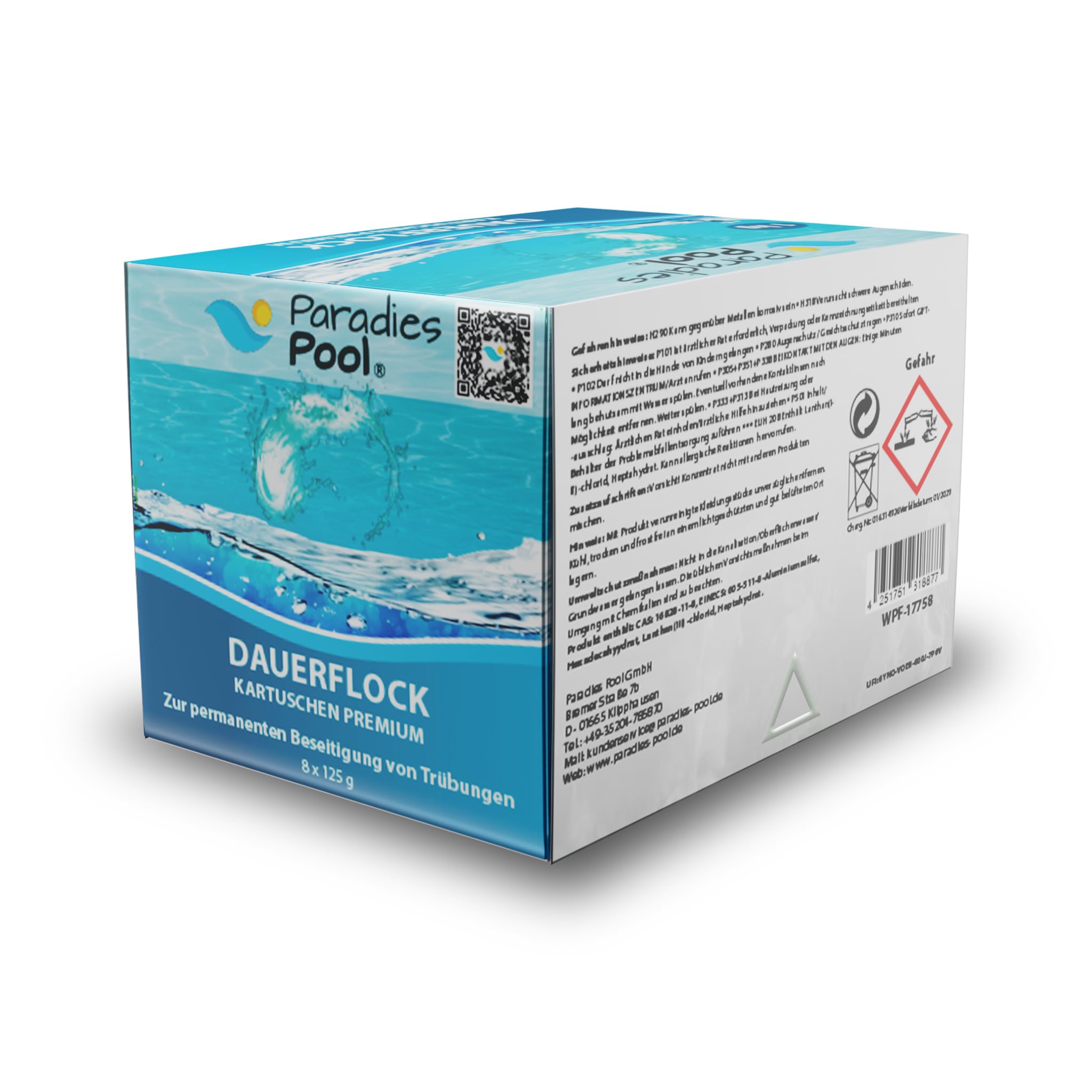 Paradies Pool Flockungsmittel Flockkartuschen 24 x 125 g = 3 kg, geeignet für Sandfilteranlagen zur Trübungsentfernung Beseitigung Schwebstoffe