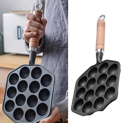 Miniatura 7 de Takoyaki - Plato para parrilla, 14 agujeros, sartén Takoyaki, antiadherente, de hierro fundido, para hacer moldes con mango desmontable para hornear