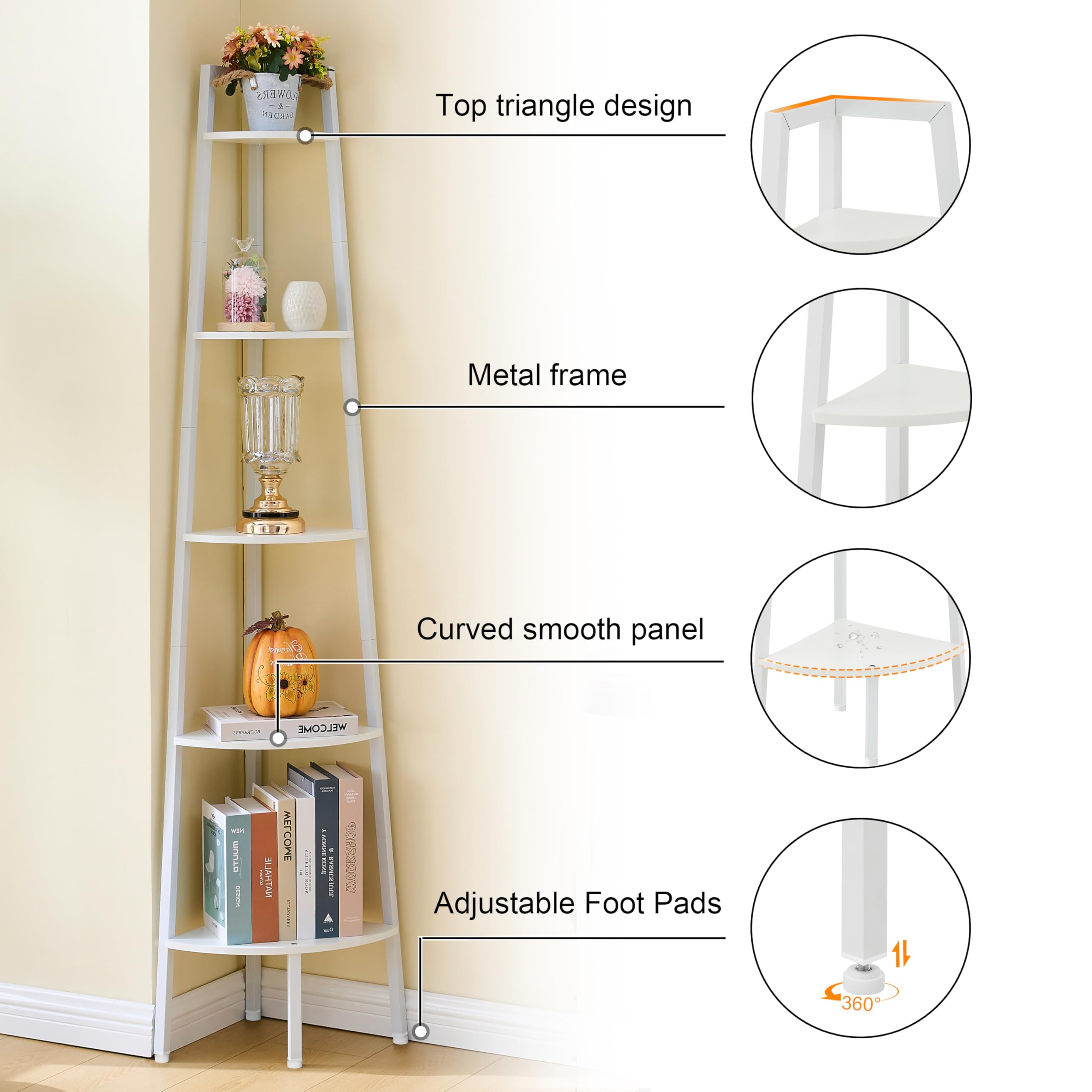 Hoctieon Étagère d'angle 5 Niveaux, Meuble de Rangement Style Industriel, Bibliothèque d'angle Multifonctionnelle Porte-Plantes, Économiseur d'espace Stable pour Salon, Chambre, Cuisine, Blanc