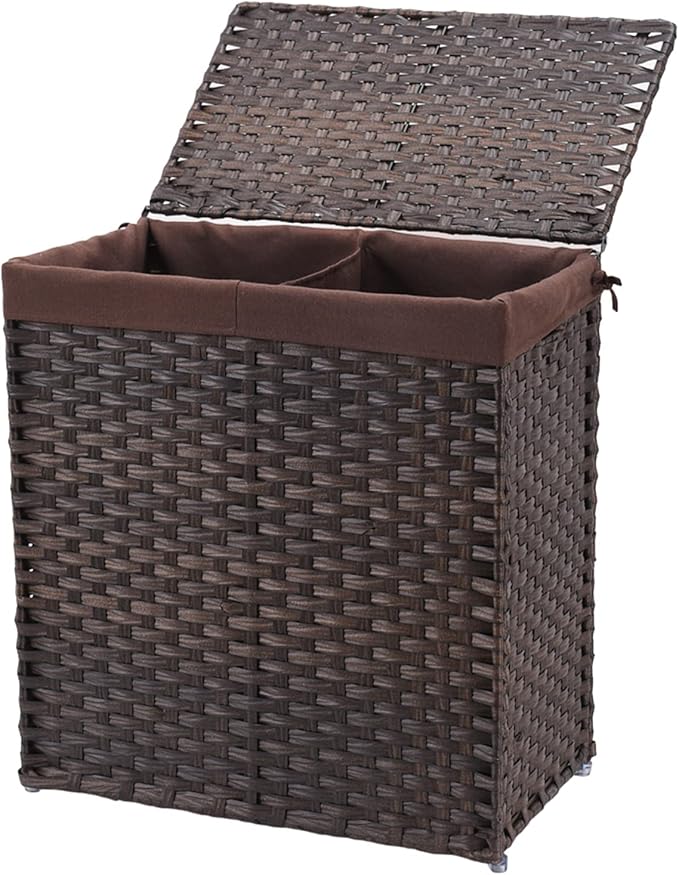 Synthetic Rattan Handwoven Laundry Hamper with Divider Clothes Laundry Basket with