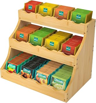 3-Tier Bamboo Tea Bag Organizer, Self-Assembly | Vertical Tea Organizer, Tea Holder For Kitchen Island, Coffee Shop Or Office, Tea Storage With 12 Adjustable Partitions