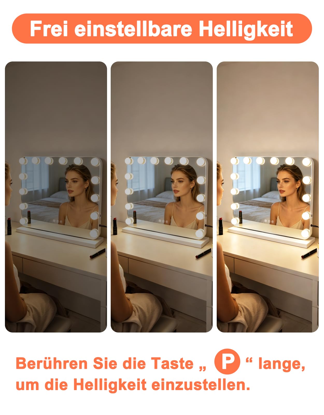 Hollywood Specchio da trucco con illuminazione – 50 x 40 cm LED Vanity Mirror piccolo specchio cosmetico con luce da tavolo, 3 modalità, touch dimmerabile