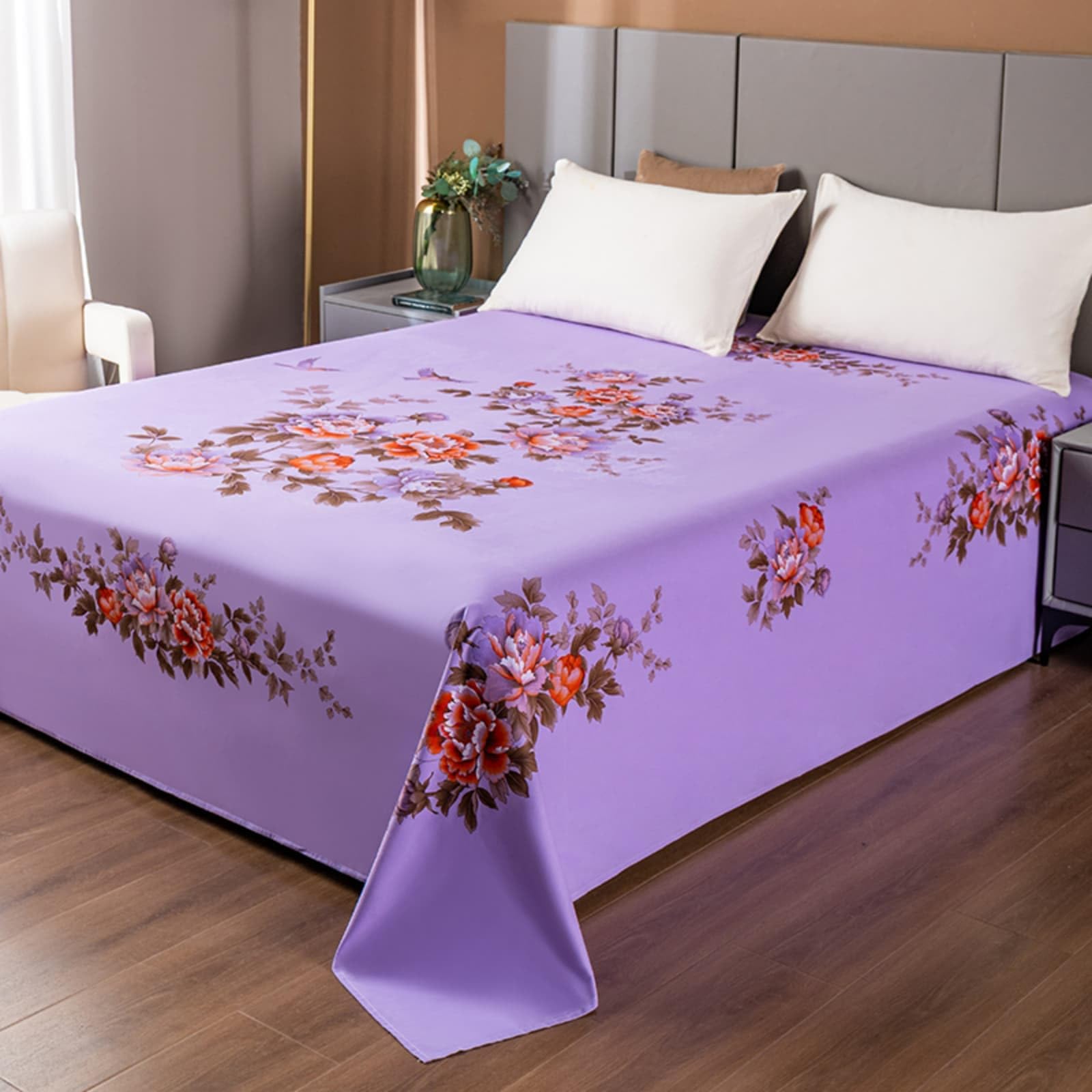 Mateju Bettlaken Baumwolle ohne Gummizug (Lila1,265x245cm) | Pfingstrosen Drucken Bettlaken Weich Atmungsaktiv Betttuch Flachlaken in Vielen Größen Haustuch Sommerdecke für Schlafzimmer