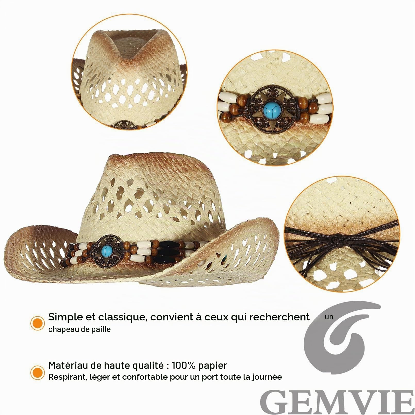 GEMVIE Chapeau de paille Panama pour femme, chapeau de cowboy, chapeau de plage, chapeau de soleil à large bord en paille enroulable