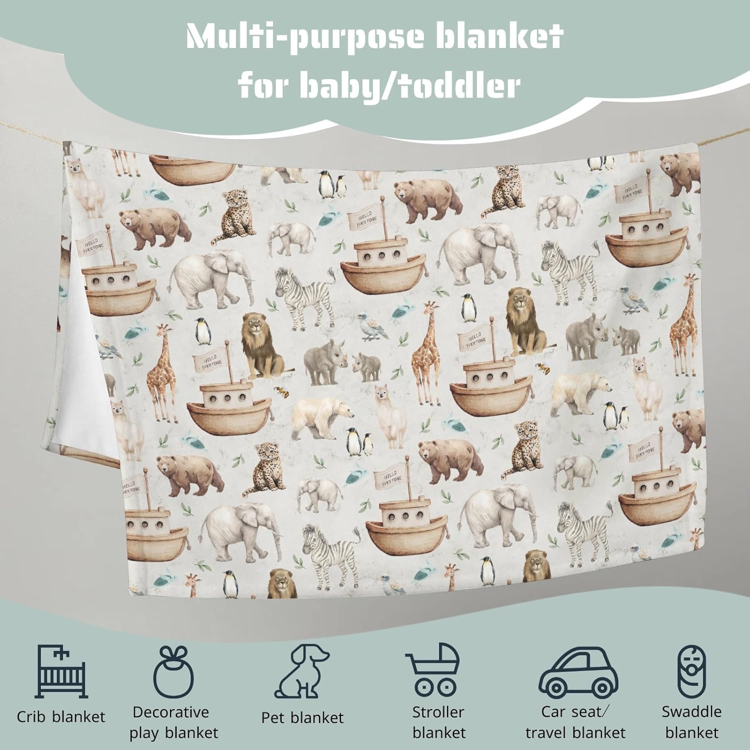 HawSkgFub Noah’s Ark Animal Boat Religious Baby Blankets Boy Girl Shower Gift, Elephant Bear Giraffe Ship Flannel Fleece Nursery Bed Receiving Swaddle, Soft Newborn Infant Toddler Crib Bedding 50 x 60