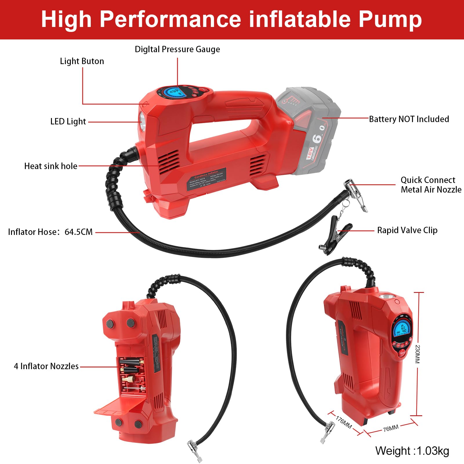 QUPERR Akku Kompressor kompatibel mit Milwaukee M18 Akkus, Elektrischer Luftkompressor bis 10,34 bar mit LED-Licht & Autostopp, Tragbare Luftpumpe für Auto, Motorrad, Fahrrad, Bälle (ohne Akku)