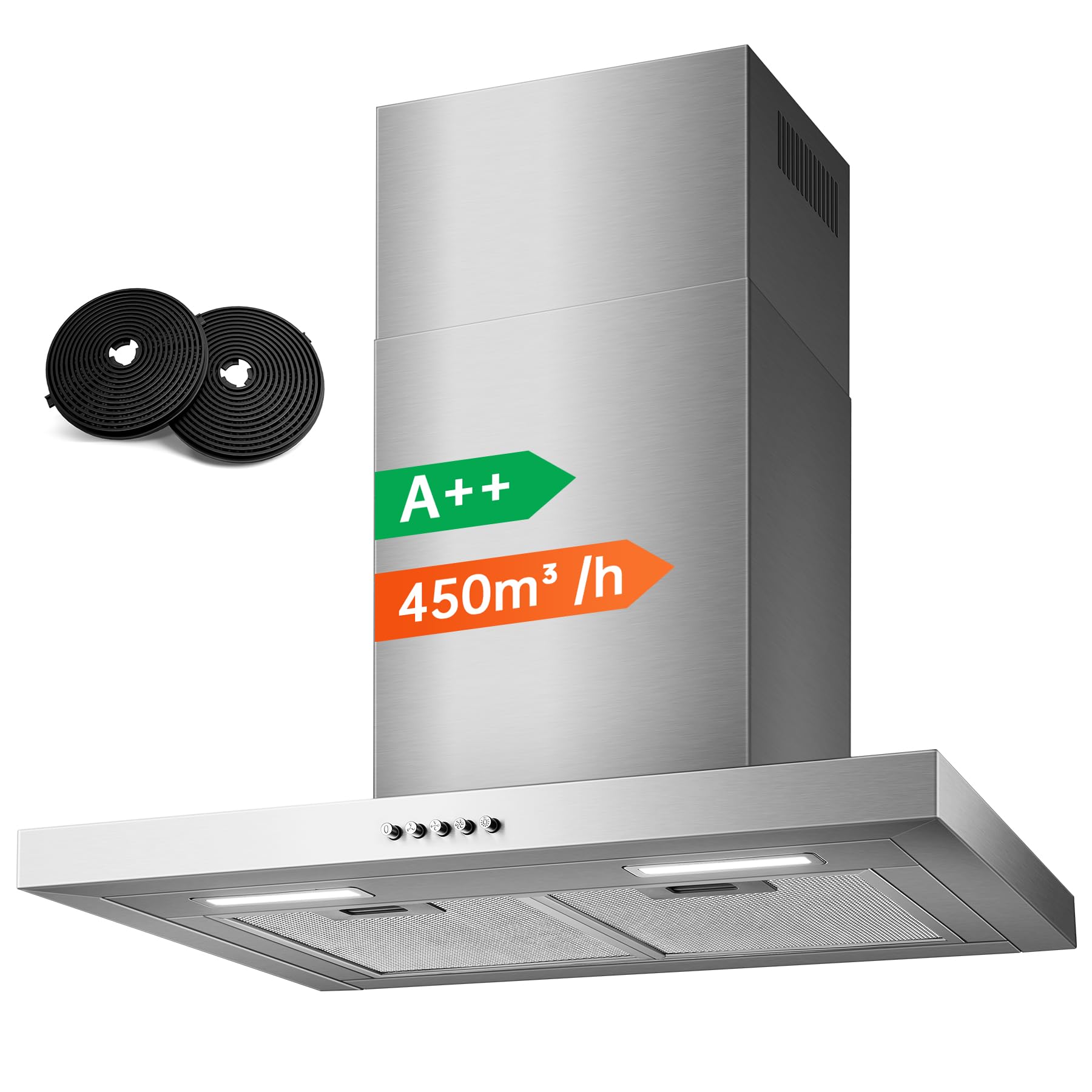 TopStrong Cappa Aspirante 60 cm a Parete, Cappa Cucina Design a T, 450 m³/h, 3 Velocità Meccanica, Motore Brushless A++, Acciaio Inox 430, LED, Ricircolo e Scarico