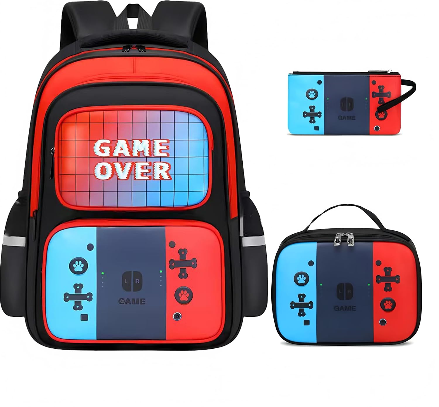 Kids Backpack - 3pcs Gamer Boys Backpack with Lunch Box and Pencil Case for Kids Children Teens Elementary Middle School Bookbags Boys Schoolbag Laptop Backpack Lightweight Water Resistant
