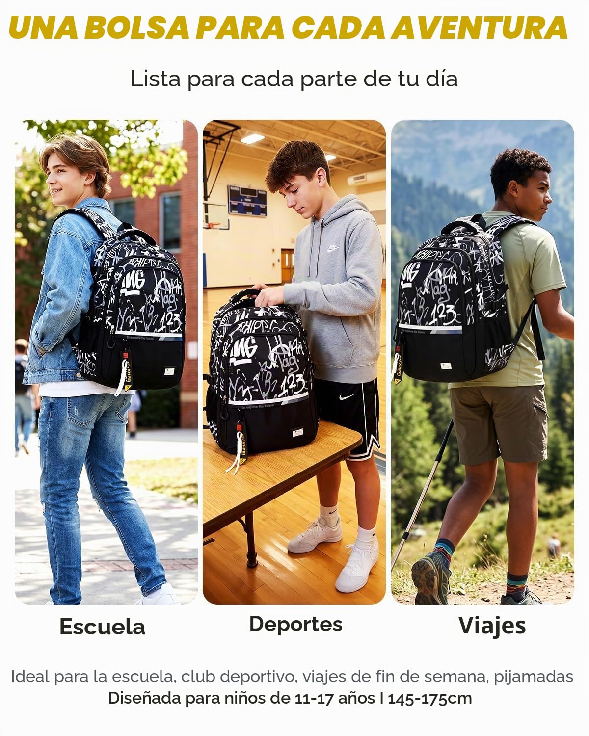 Amythe Mochilas Escolares Adolescentes - 32 Litri Mochila Colegio Niño 11-17 años, Mochila Portatil 16 Pulgadas para Chicos, Mochila Instituto Casual de Moda, Apta para Carro -Negro