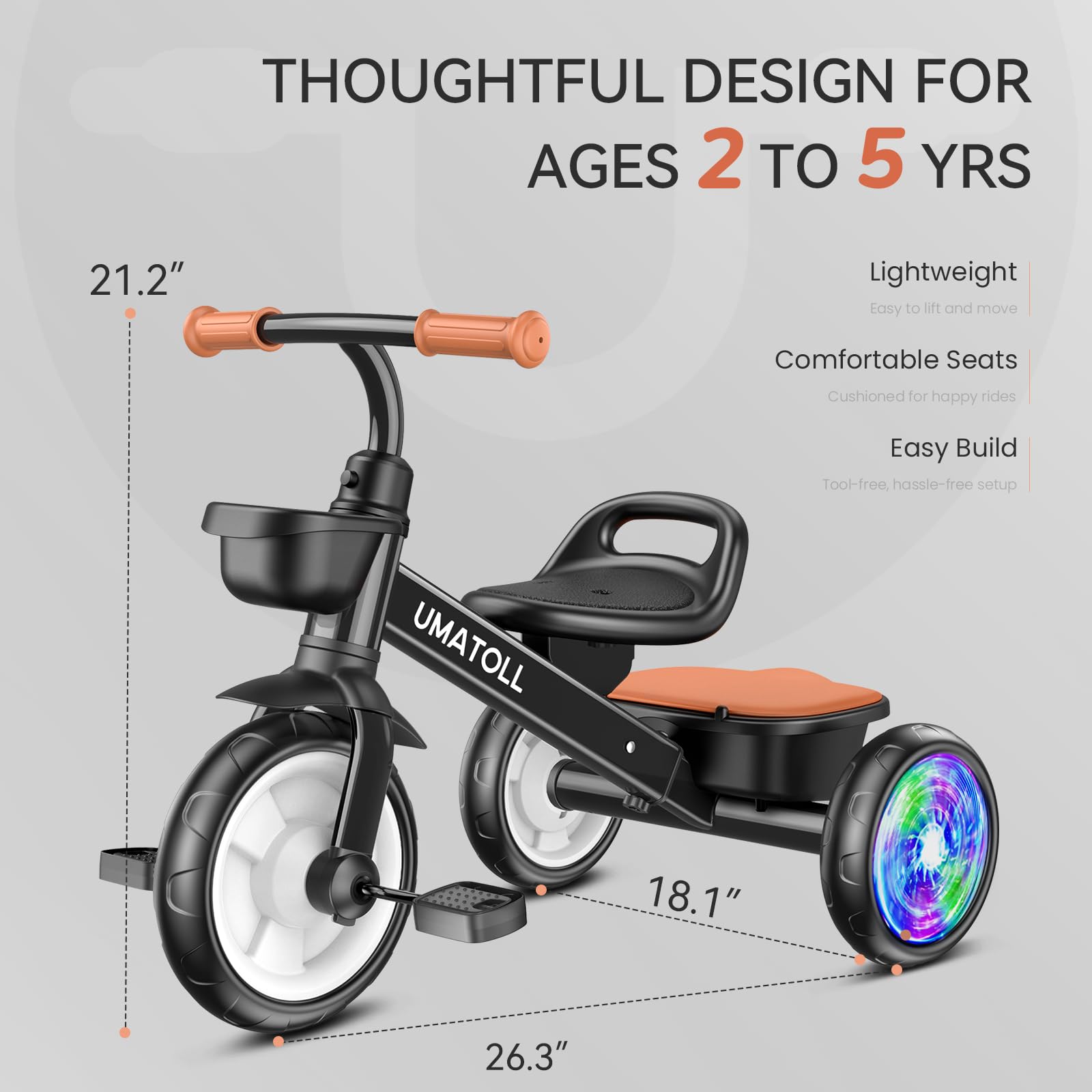 Umatoll Tricycle for Toddlers 2-5 Year Old, Ajustable Toddler Bike Outdoor Toys, Birthday Gift for Boy Age 2-4, Trike with Light up Wheels
