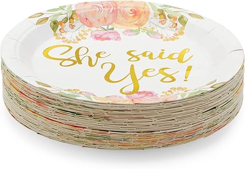 Miniatura 6 de Sparkle and Bash Platos de papel de aluminio dorado, 9 pulgadas, blanco y dorado, 48 unidades, platos de compromiso con texto en inglés "She Said