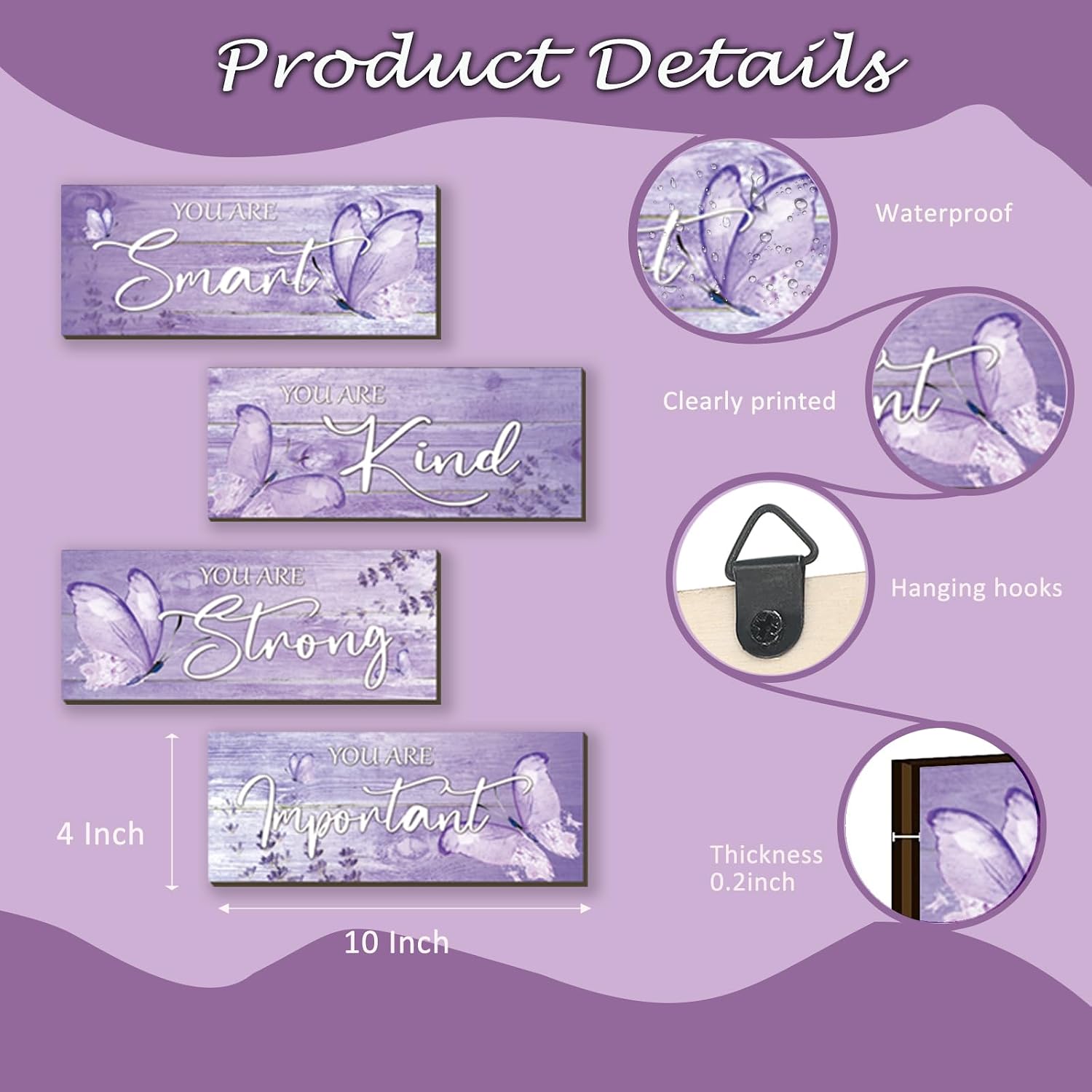 DONFENTHY 4 Pcs Purple Wall Decor Butterfly Bathroom Decor Wooden Positive Sign with Butterfly Inspirational Word for Teen Girls Women Office Room Bathroom Bedroom Decoration(Purple, 10x4 Inch) image 4