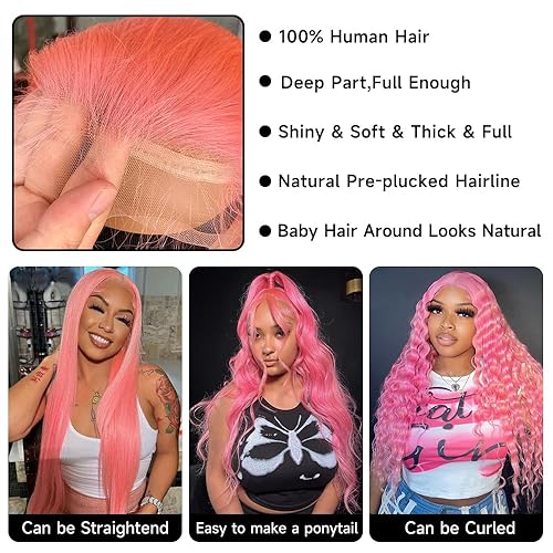 Miniatura 3 de Peluca de cabello humano rosa, encaje frontal ondulado de 13 x 4, encaje frontal HD color rosa prearrancado, densidad 180, 26 pulgadas, sin