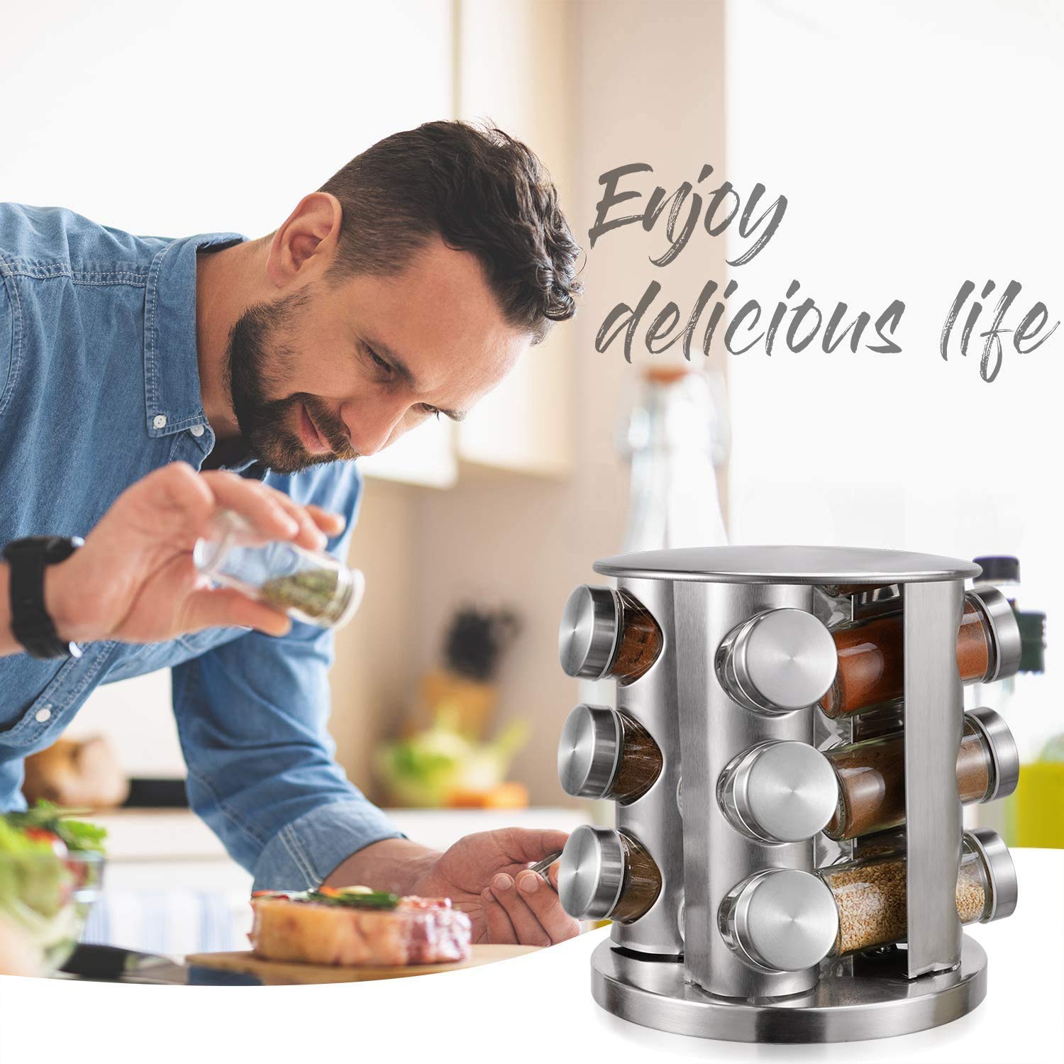 Étagère à épices rotative avec 12 pots, étagère à épices de comptoir avec 12 bouteilles en verre rechargeable pour armoire de cuisine, acier inoxydable, argenté
