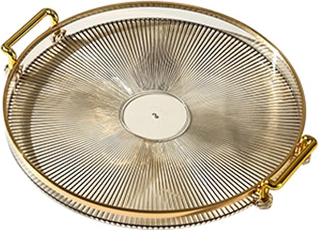 DIYARTS Round Serving Tray with Golden Handles, Acrylic Decorative Tray for Coffee Tea, Reusable Luxury Food Serving Tray for Home Restaurant, Table, Bar Drinks, Breakfast, Fruit (Brown)