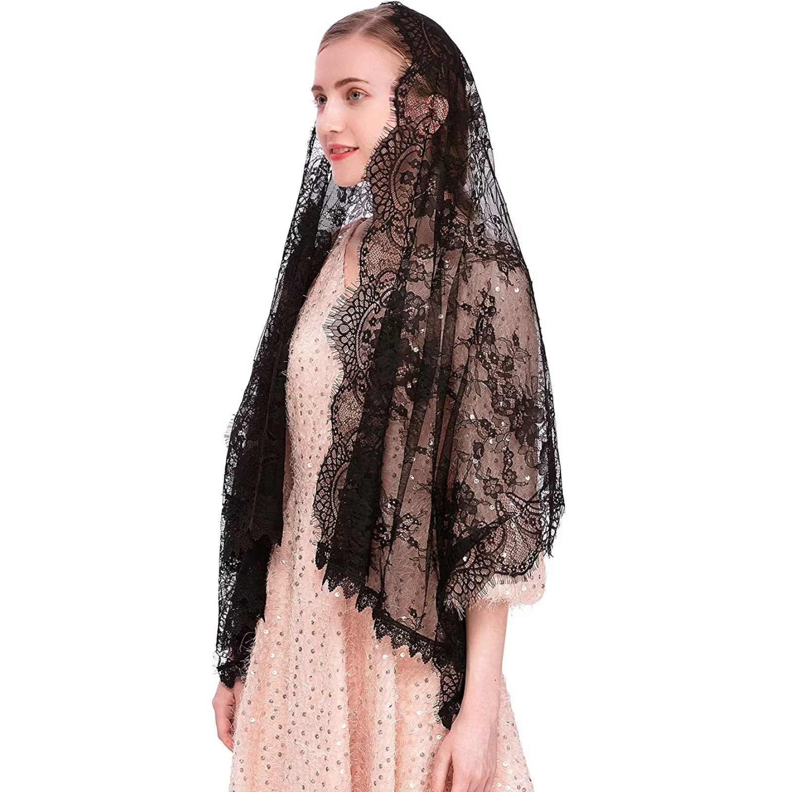 Pañuelo de Encaje Negro, Pañuelo para la Cabeza Velo de Capilla Rectangular Spanis Velos Florales Mantón para Cubrir la Cabeza En Masa