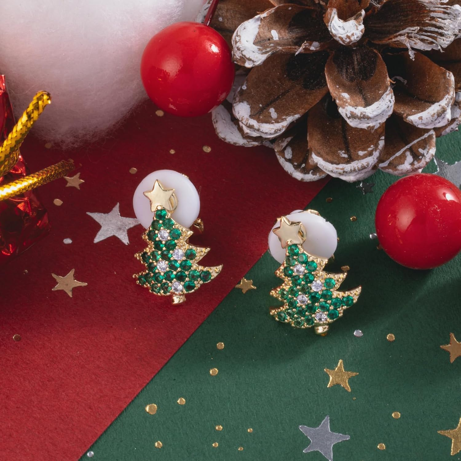 SELOVO Green Christmas Tree Shape Women Clip on Earrings Stud Green Crystal Gold Tone - Image 3