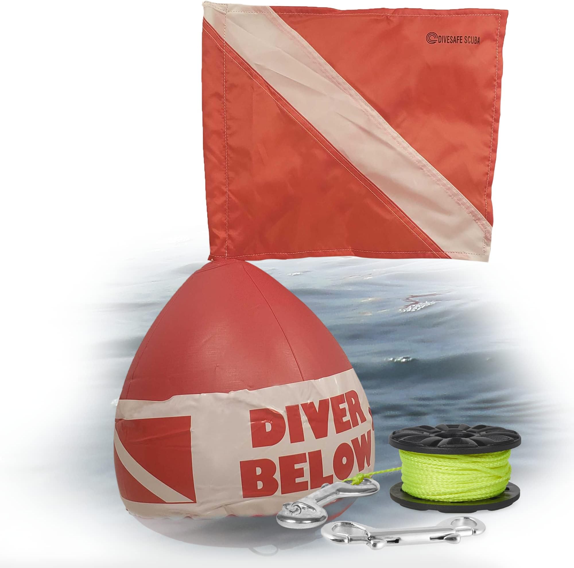 Round Buoy Float – With Collapsible Flag Stiffener, Split Ring and 100ft High Visibility Neon Yellow Finger Reel (ABS) for Surface Signaling