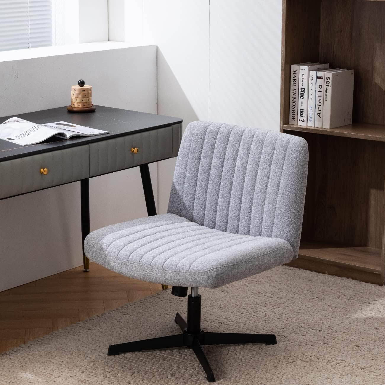 Armless Wide Office Chair Fabric Desk Chair Task No Wheels Vanity Chair Swivel Home Office Desk