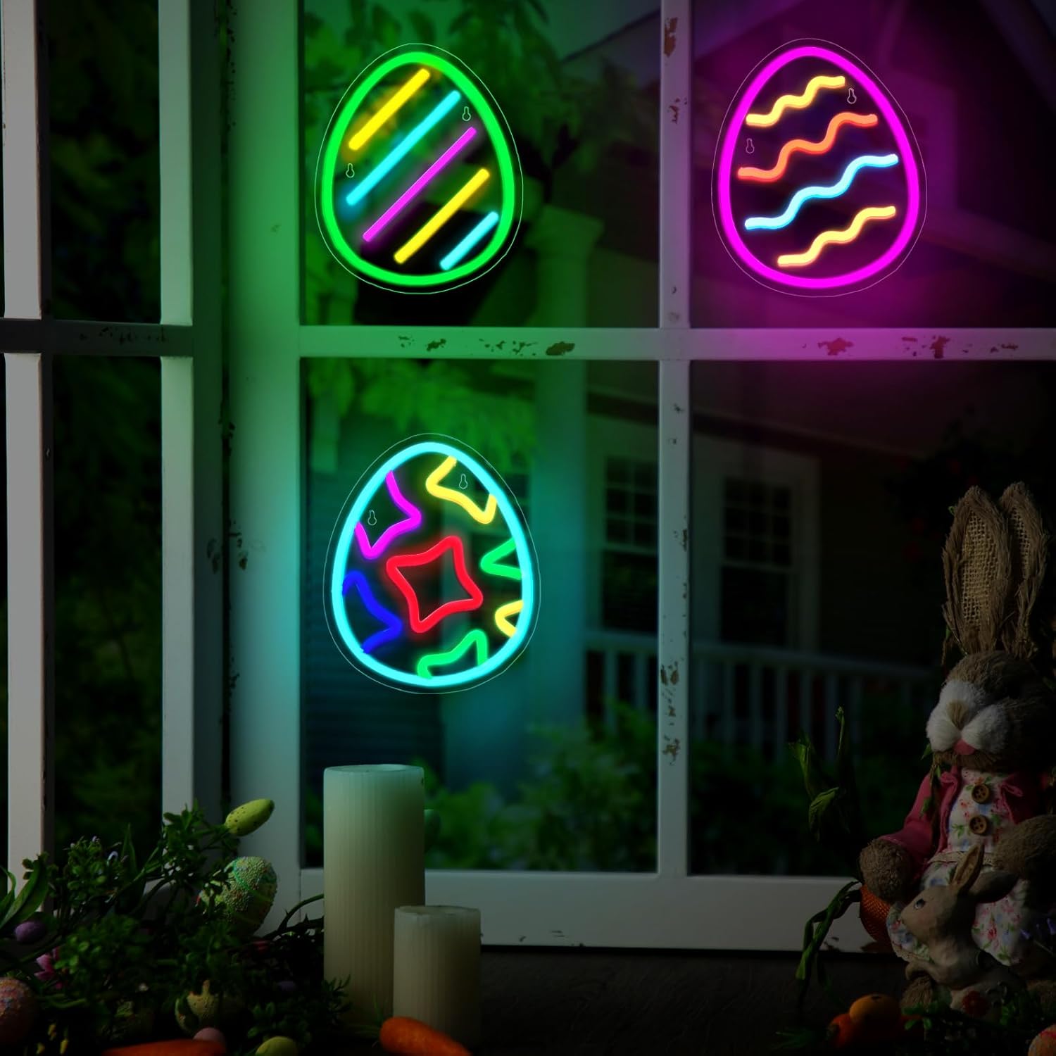 Treela 3 Pcs Easter Egg Neon Sign Easter Window Lights Decorations LED Light up USB Powered Gift for Bedroom Home Wall Art Party Decor