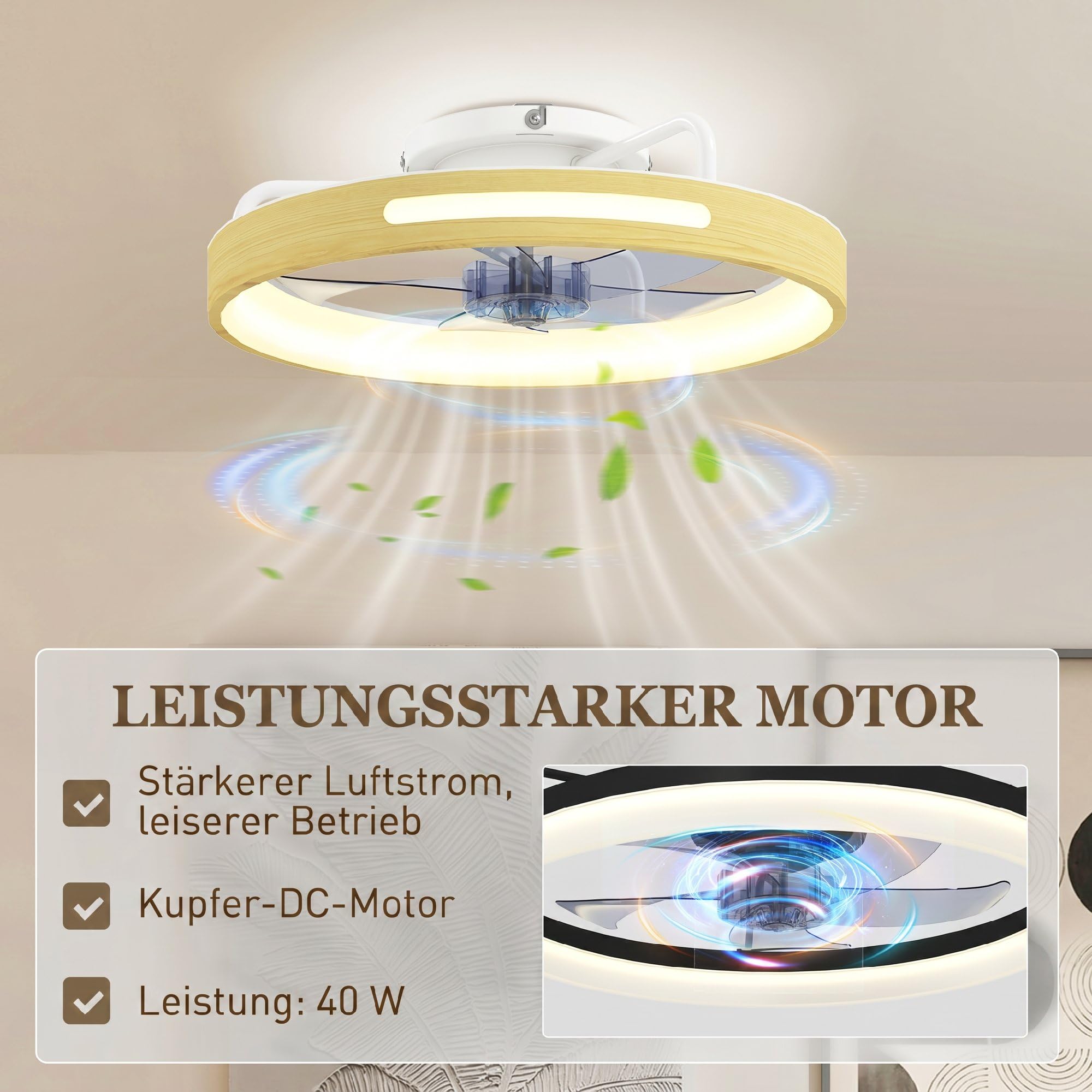 HOMCOM Deckenleuchte mit Ventilator, Ø49 cm Leise LED Deckenventilator mit Beleuchtung, Fernbedienung, 6 Geschwindigkeiten, 3 Farbtemperaturen, umkehrbarem DC-Motor, Timer für Wohnzimmer, Schlafzimmer