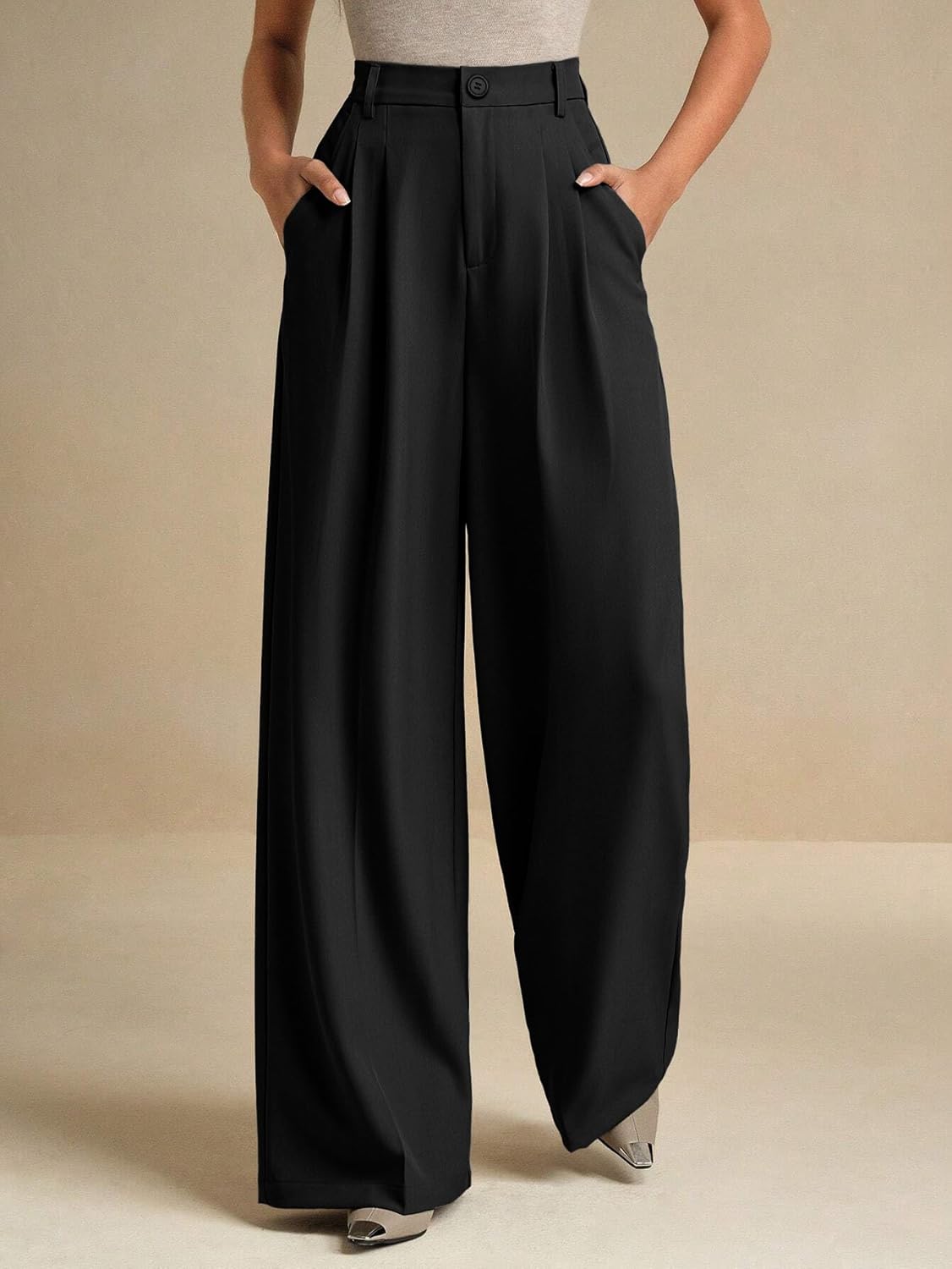 ELLEVEN Women's Casual Wide Leg Dress-Pants, High Elastic Waisted in The Back Business Flowy Trousers with Pockets - Image 5