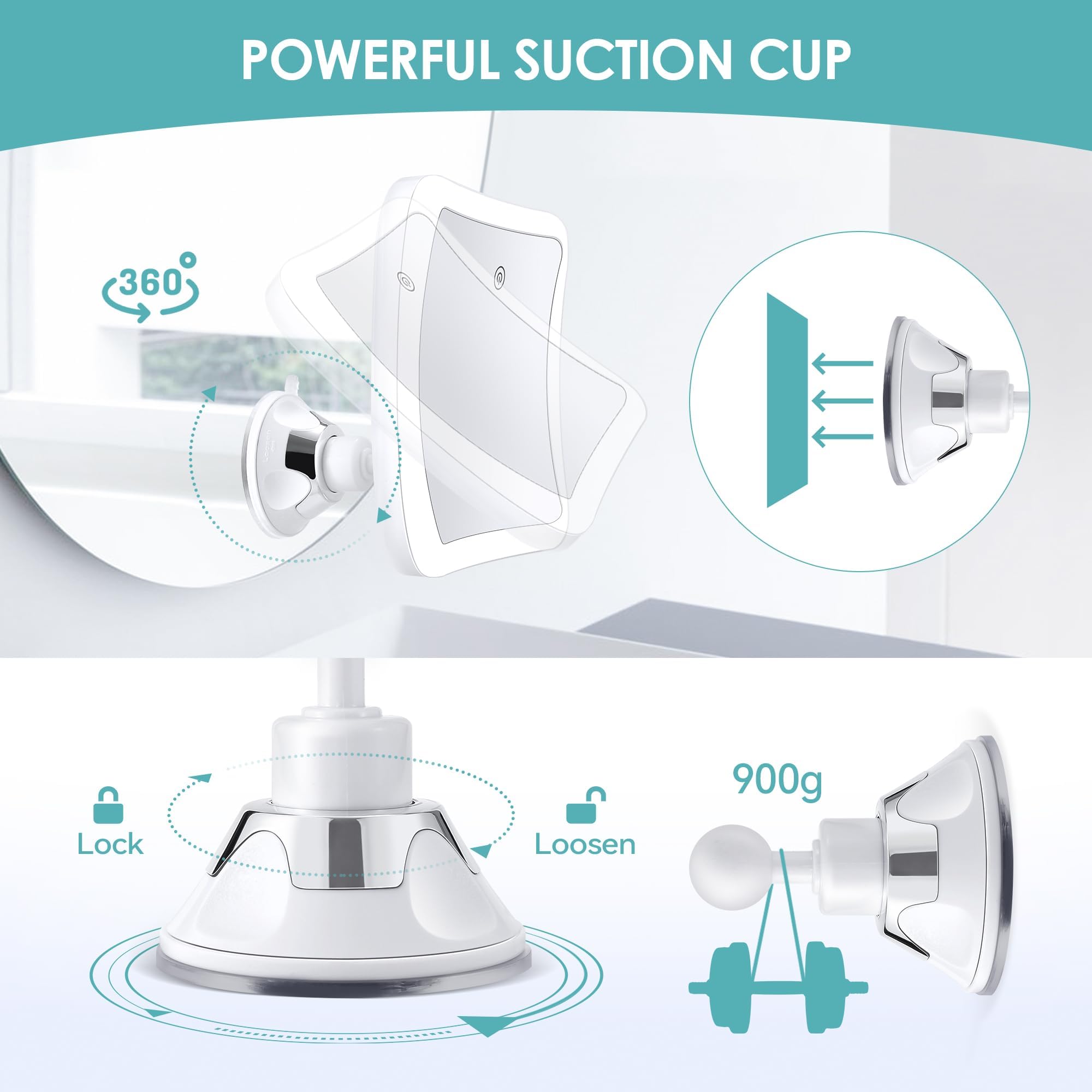 Miroir grossissant avec lumière, Miroir de Maquillage Lumineux grossissant 30x avec contrôle Tactile et Ventouse, Rechargeable, Rotation à 360°, Salle de Bain et Voyage, carré