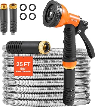VEVOR Metal Garden Hose 25 ft, Rust Proof Stainless Steel Water Hose, Heavy Duty Backyard Hose with 10 Function Nozzle, No-Kink & Flexible Water Pipe, Lightweight Metal Hose for Yard, Outdoor