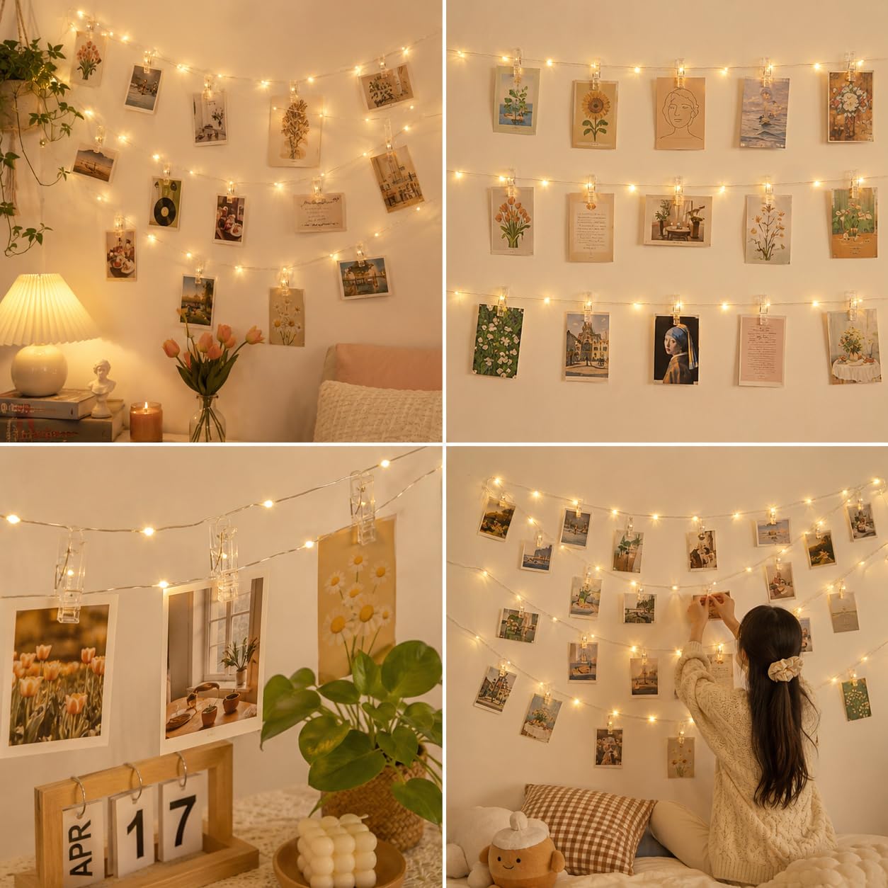 Microwear Guirlande Photo,10M100LED 8Modes,Alimenté par USB ou Batterie,avec Télécommande,Lumineuse LED d'intérieur pour Chambre Photo Suspendre des Photos,Décoration de Chambre (50Clips 25Clous)