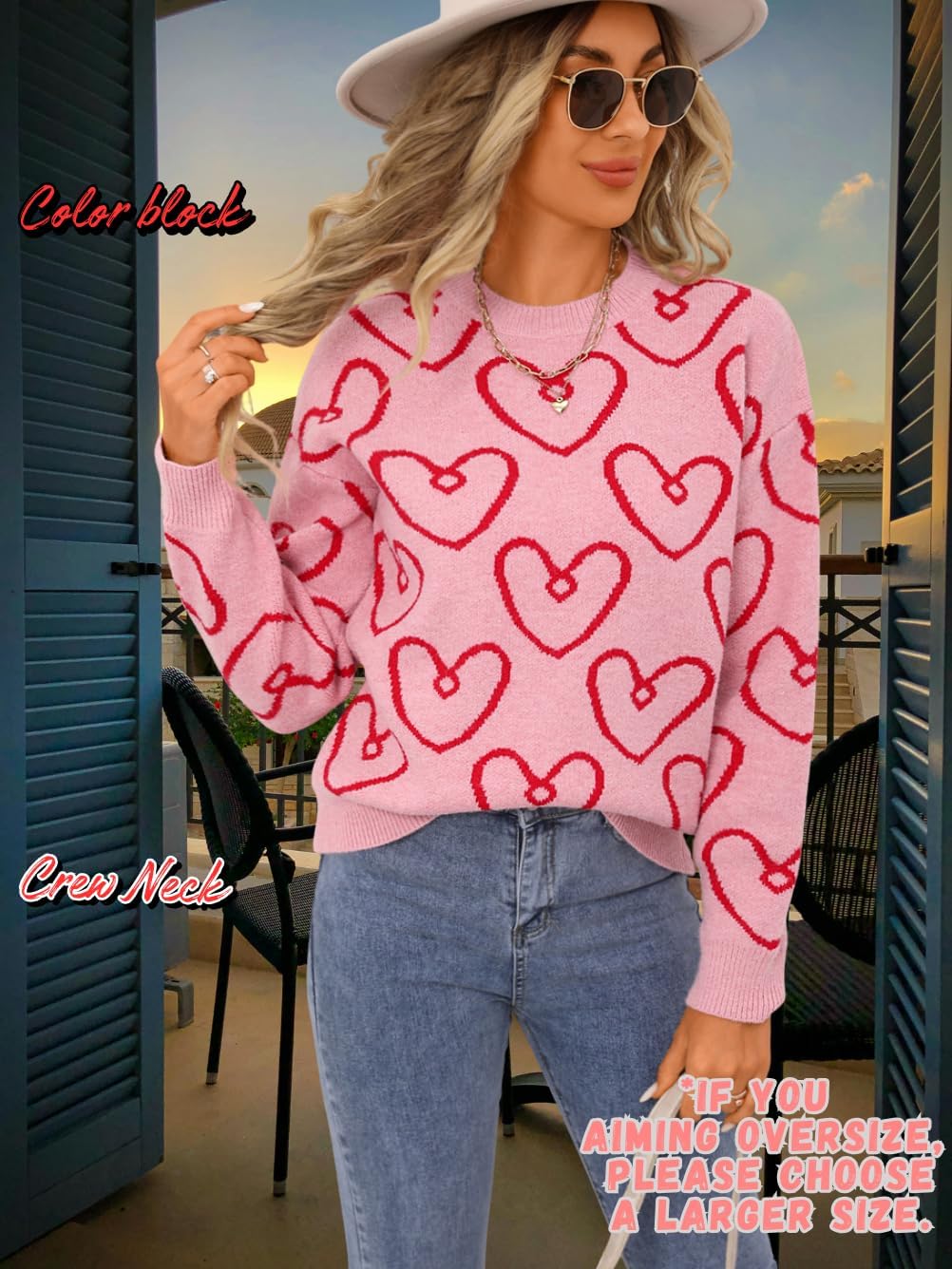 Kaei&Shi Women Cute Pink Heart Graphic Sweater,Crew Neck Valentines Sweatshirt,Regular Fit Top Spring Fall - Image 4