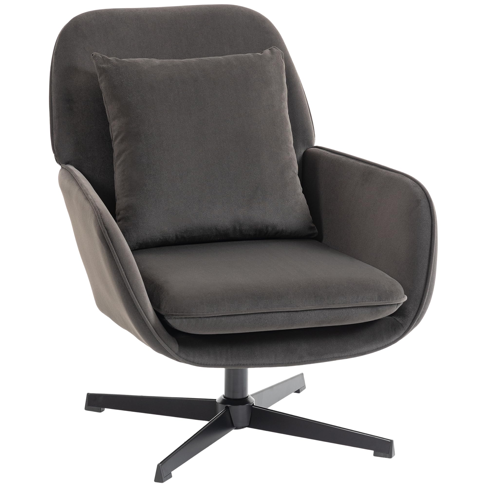 HOMCOM Sillón Giratorio de Terciopelo Asiento Ancho Gris Oscuro | Silla de acento, cojín, marco de metal, para sala de estar, dormitorio, rincón de lectura