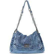 Denim Tote Bag for Women Fashionable Adjustable Chain Shoulder Bag Handbag Retro Zip Hobo Purse