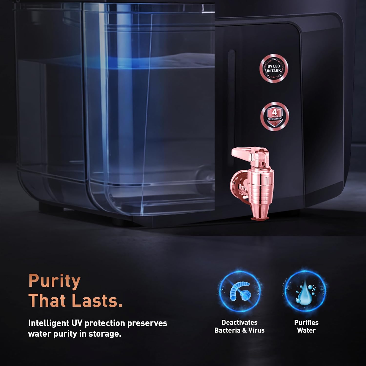 KENT Grand IoT RO Water Purifier showing the UV LED in tank feature