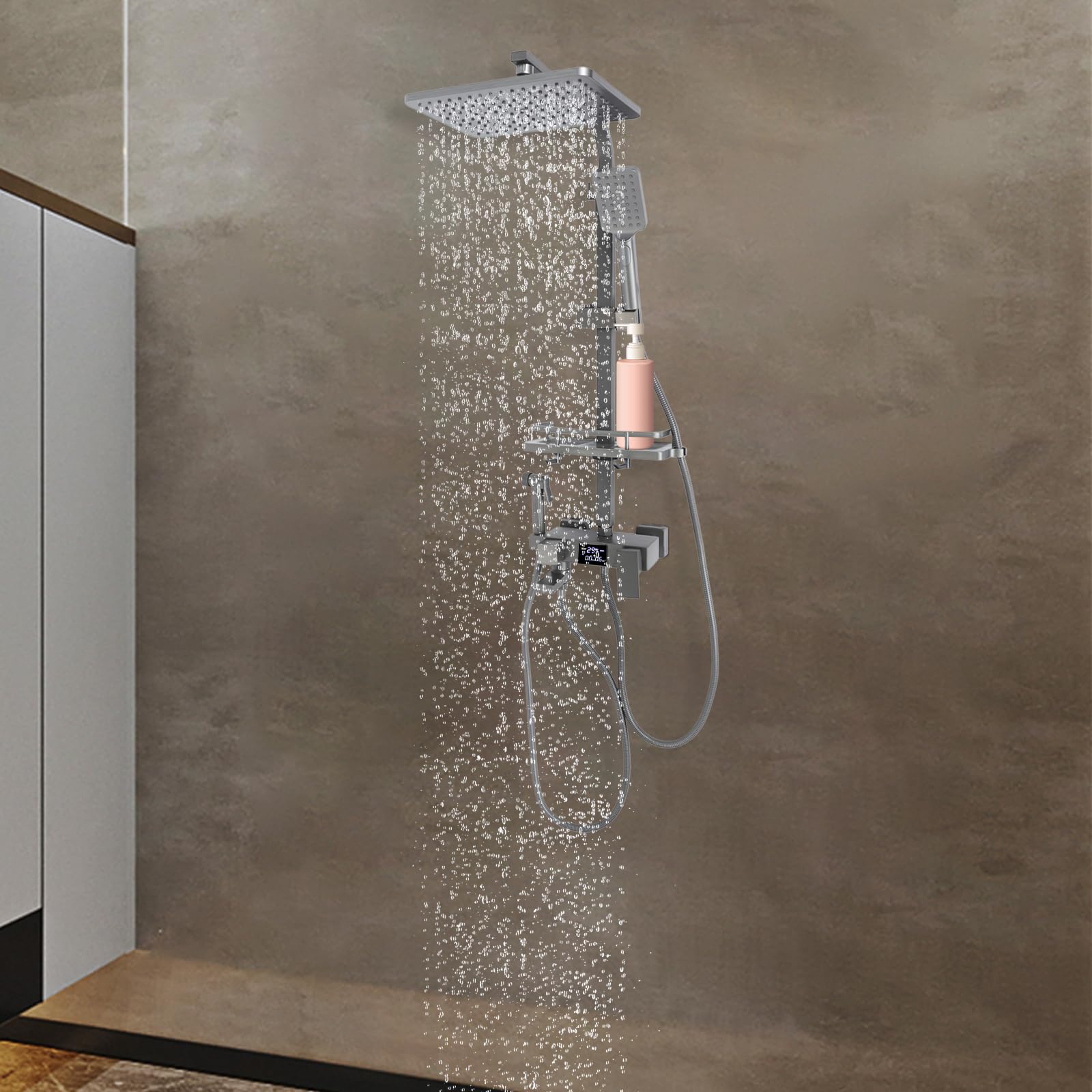 Kompletny zestaw z ekranem LED, zestaw prysznicowy z deszczownicą, czarna, energooszczędna głowica prysznicowa, ceramiczna wkładka zaworowa, system prysznicowy, drążek prysznicowy z regulacją