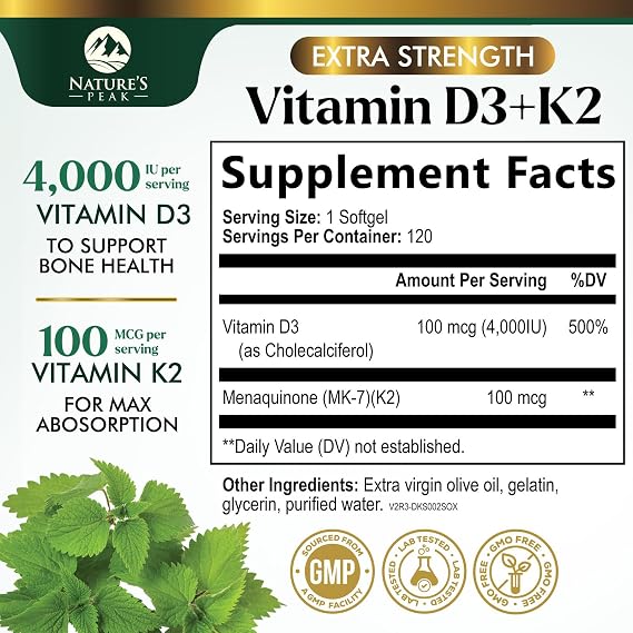 Vitamin D3 K2 - High Potency Vitamin D3 + K2 - 2-in-1 Complex Vitamin D & K2 (MK7) Supplement - Gluten Free - Bone & Immune Support - Vitamin D3 4000 IU Per Softgel - Bottled in the USA - 120 Softgels