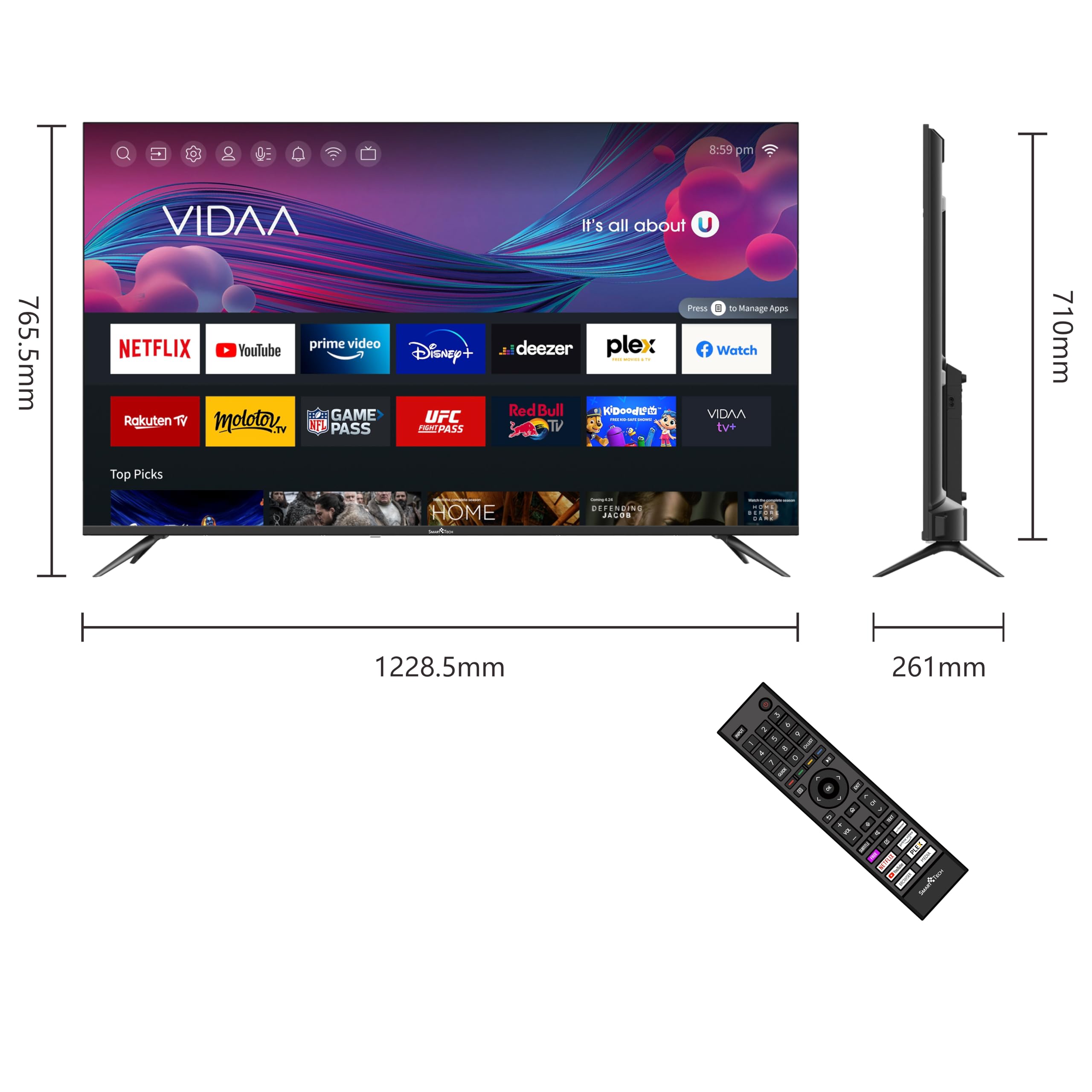 Smart Tech TV LED 4K UHD 55' (139cm) 55UV10V1 VIDAA 3xHDMI 2xUSB Store Mode Hotel Mode 55 Zoll – Bild 2